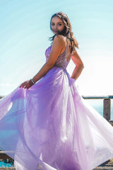 Sparkly Purple Spaghetti Straps Beaded Long Prom Dress with Slit