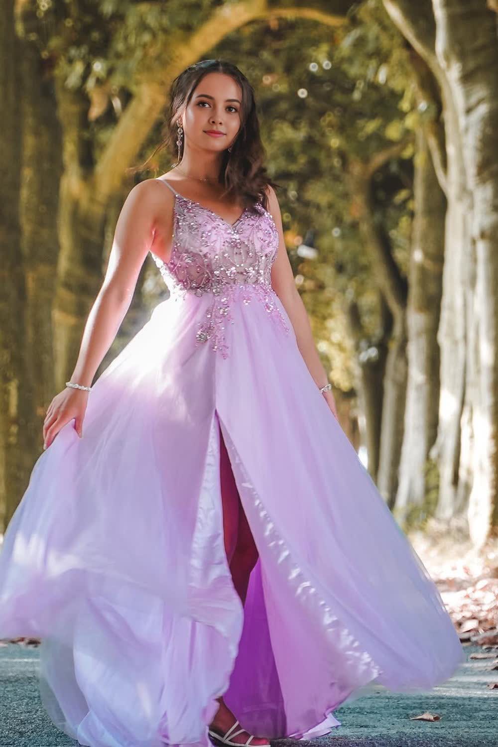 Sparkly Purple Spaghetti Straps Beaded Long Prom Dress with Slit