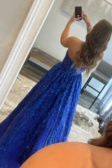 Sparkly Royal Blue Long Prom Dress with Pockets