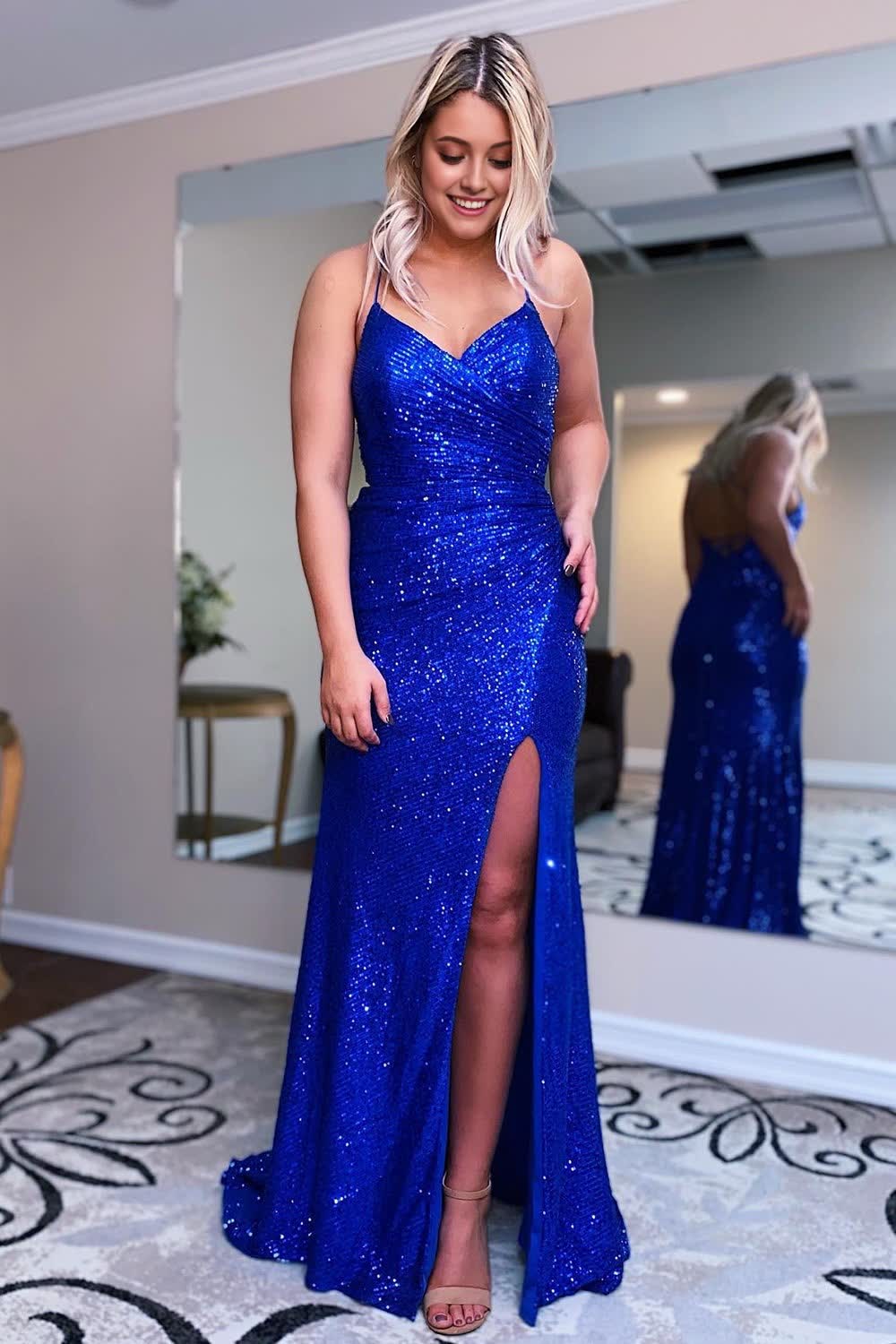 Sparkly Royal Blue Mermaid Sequins Long Prom Dress with Slit