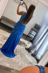 Sparkly Royal Blue One Shoulder Sheath Long Prom Dress with Slit