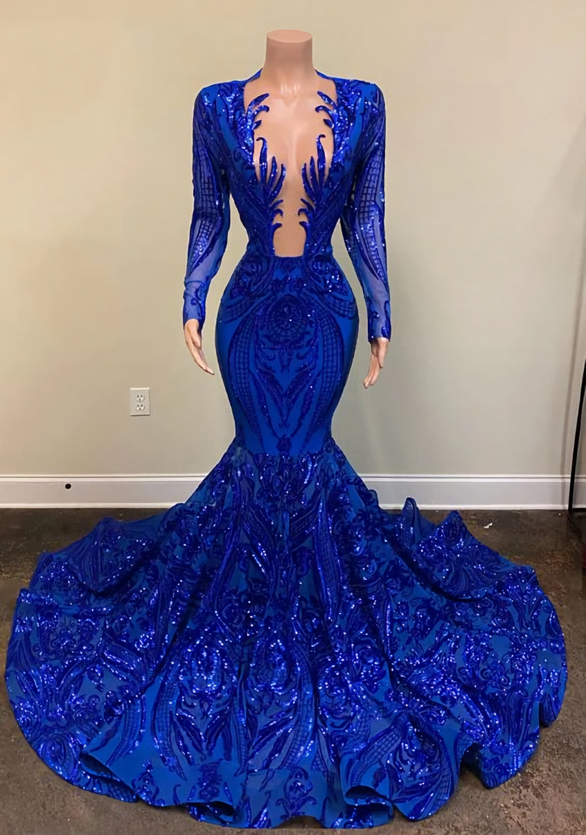 Bridesmaids Dresses Color, Sparkly Royal Blue Sequin Prom Dresses Mermaid Long Gala Dress for Black Girl