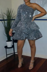 Ranch Dress, Sparkly Sequin Cocktail Dresses Short A Line One Shoulder African Women Formal Long Sleeve Homecoming Dress