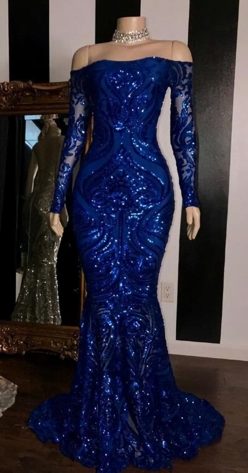 Party Dress India, Sparkly Sequined Mermaid African Prom Dresses Royal Blue Long Sleeve Graduation Formal Dress Plus Size Evening Gowns