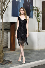 Bridesmaid Dress Idea, Sparkly Sequins Slim Prom Dresses Black V-Neck Sleeveless Prom Dresses