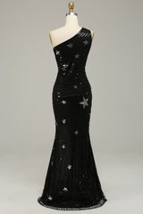 Sparkly Sheath One Shoulder Black Sequins Long Prom Dress with Star