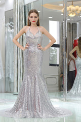 Bridesmaid Dress Stylee, Sparkly Silver Sequined Mermaid Halter Backless Prom Dresses
