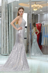 Bridesmaid Dresses Styles, Sparkly Silver Sequined Mermaid Halter Backless Prom Dresses