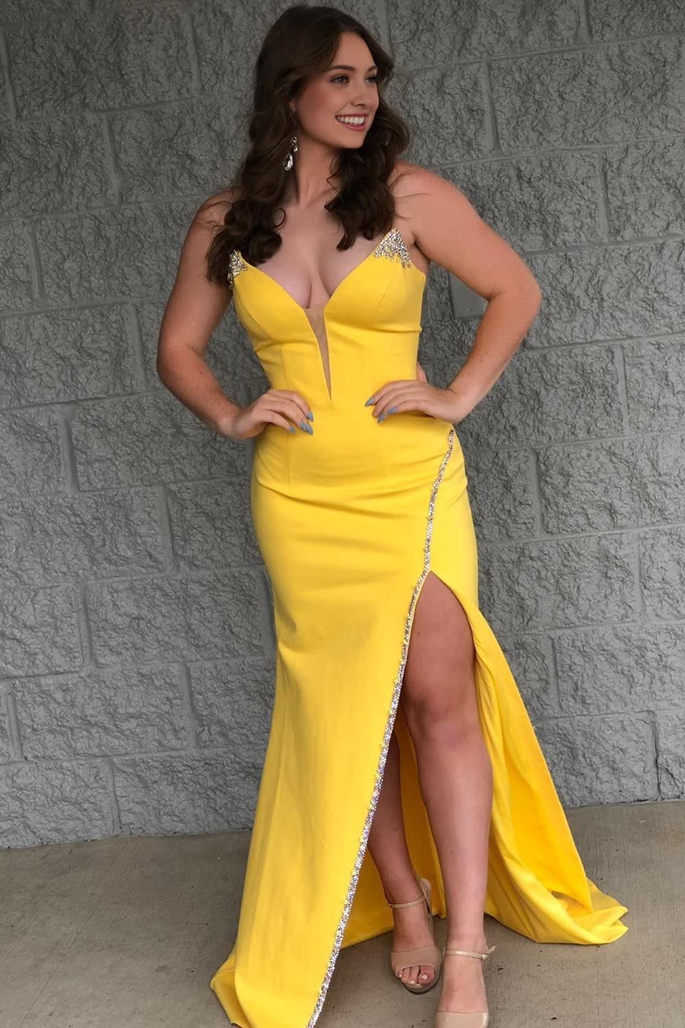 Sparkly Yellow Sweetheart Long Prom Dress with Beading
