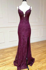 Homecoming Dresses Idea, mermaid/trumpet spaghetti straps grape lace beaded long prom dress formal evening dress