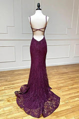 Homecoming Dress Ideas, mermaid/trumpet spaghetti straps grape lace beaded long prom dress formal evening dress