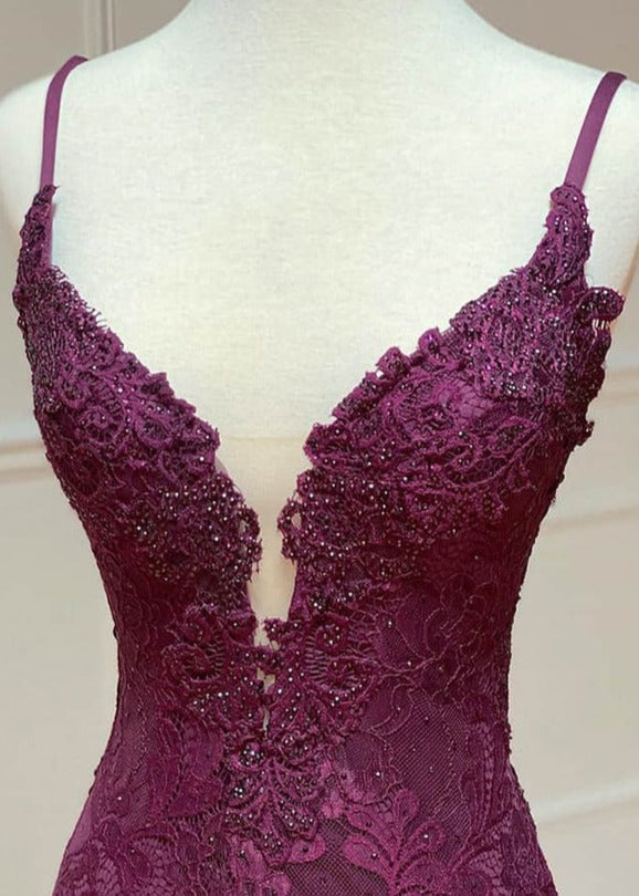 Homecoming Dress Idea, mermaid/trumpet spaghetti straps grape lace beaded long prom dress formal evening dress