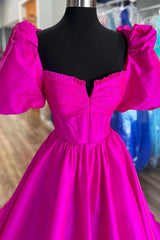 Red Formal Dress, Square Neck Fuchsia Puff Sleeves A-Line Prom Dress