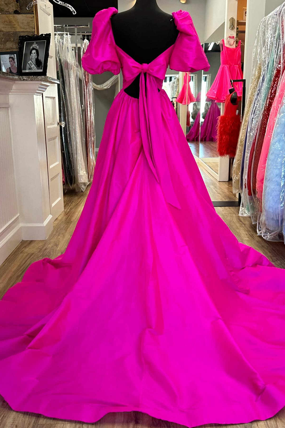 Dress To Impression, Square Neck Fuchsia Puff Sleeves A-Line Prom Dress