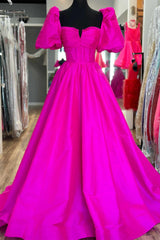 Vacation Dress, Square Neck Fuchsia Puff Sleeves A-Line Prom Dress