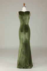Evening Dress Shopping, Square Neck Olive Green Velvet Slit Long Bridesmaid Dress