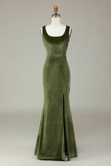 Evening Dress Yde, Square Neck Olive Green Velvet Slit Long Bridesmaid Dress