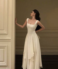 Formal Dresses Elegant, Square Neck White Asymmetric A-Line Long Evening Dress