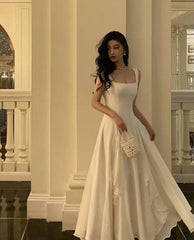 Formal Dress Online, Square Neck White Asymmetric A-Line Long Evening Dress