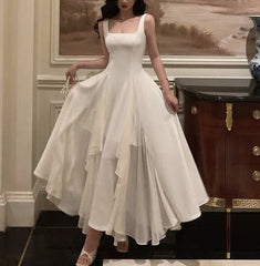 Formal Dresses Gowns, Square Neck White Asymmetric A-Line Long Evening Dress