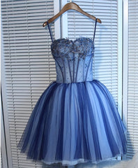 Lace Dress, Charming Blue Lace Tule A Lin Short Prom Dress, Homecoming Dress