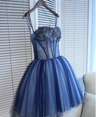 Ranch Dress, Charming Blue Lace Tule A Lin Short Prom Dress, Homecoming Dress