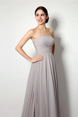Formal Dress Party Wear, Strapless A Line Chiffon Long Silver Bridesmaid Dresses