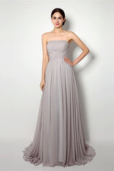 Formal Dress Ballgown, Strapless A Line Chiffon Long Silver Bridesmaid Dresses