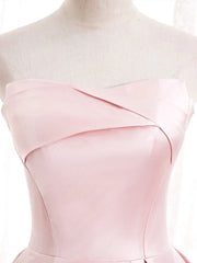 Party Dress And Style, Strapless A-line Pink Satin Prom Dresses, Pink Satin Long Party Dress