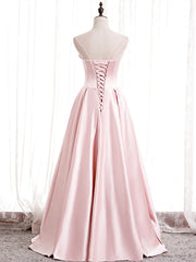 Party Dress Brands Usa, Strapless A-line Pink Satin Prom Dresses, Pink Satin Long Party Dress