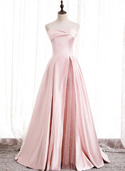 Party Dresses Express, Strapless A-line Pink Satin Prom Dresses, Pink Satin Long Party Dress