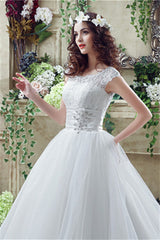 Wedding Dress Cheap, Strapless Appliques Lace Train Wedding Dresses With Crystals