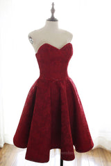 Party Dresses Modest, Strapless Backless Burgundy Lace Short Prom Dress, Short Burgundy Lace Homecoming Dress
