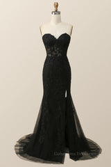 Homecomming Dresses Long, Strapless Black Lace Mermaid Long Prom Dress