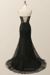Homecomming Dress Long, Strapless Black Lace Mermaid Long Prom Dress
