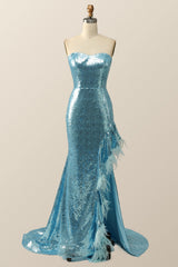 Bridesmaid Dresses Fall, Strapless Blue Sequin Mermaid Long Formal Dress