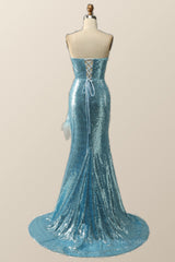 Bridesmaid Dresses Pink, Strapless Blue Sequin Mermaid Long Formal Dress