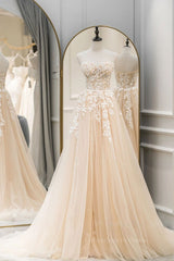 Wedding Color, Strapless Champagne Lace Tulle Long Prom Dress, Champagne Lace Formal Evening Dress