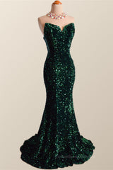 Bridesmaids Dresses Uk, Strapless Dark Green Velvet Sequin Mermaid Party Dress