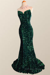 Bridesmaid Dresses Uk, Strapless Dark Green Velvet Sequin Mermaid Party Dress