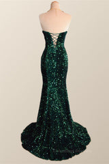 Bridesmaids Dresses Mismatched Fall, Strapless Dark Green Velvet Sequin Mermaid Party Dress