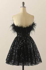 Bridesmaid Dress Shopping, Strapless Feather Black A-line Short Homecoming Dress
