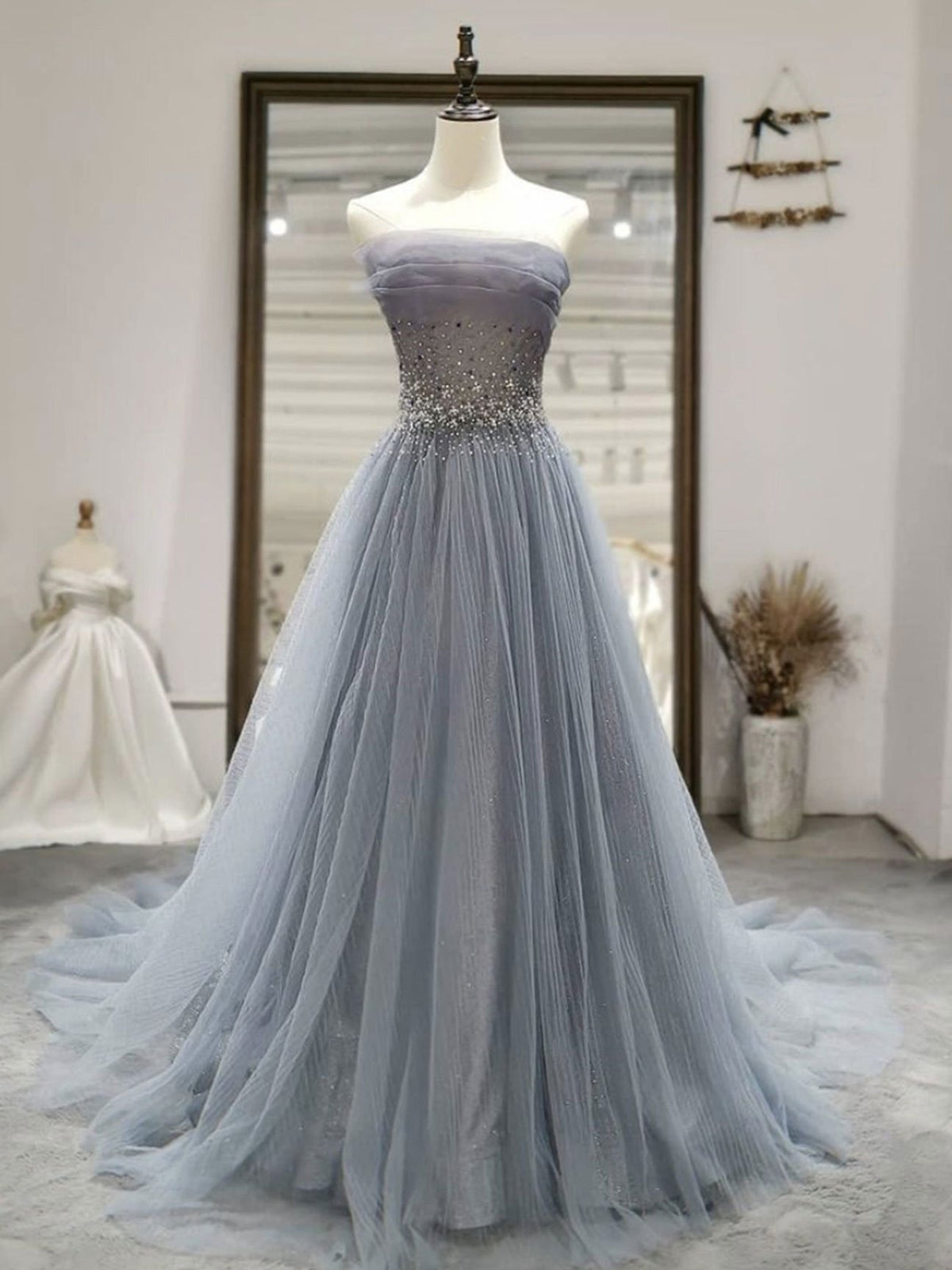 Party Dress New, Strapless Gray Tulle Long Prom Dresses, Strapless Gray Long Formal Evening Dresses