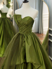 Bridesmaids Dresses White, Strapless Green High Low Prom Dresses, High Low Green Long Formal Evening Dresses