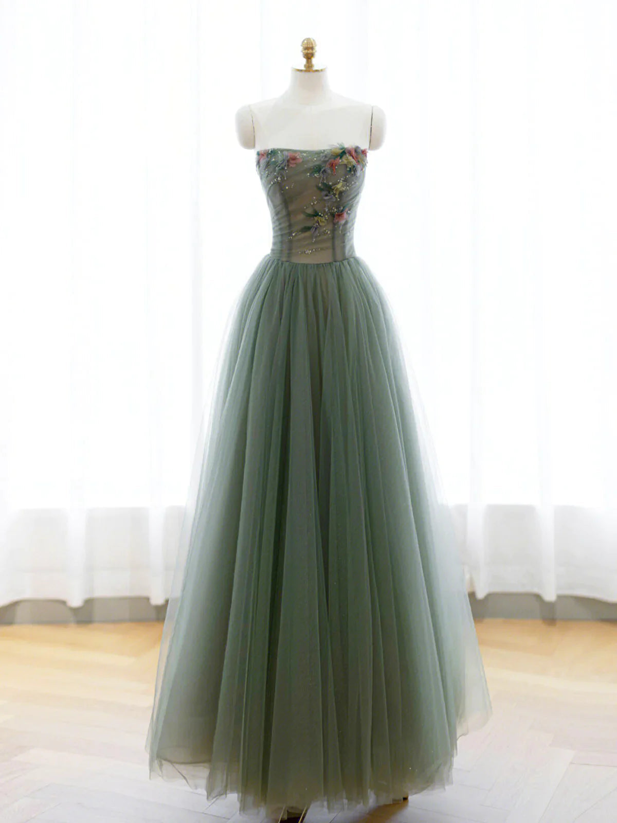 Bridesmaid Dress Sale, Strapless Green Tulle Floral Long Prom Dresses, Green Tulle Floral Formal Evening Dresses