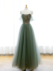 Bridesmaid Dresses 2026, Strapless Green Tulle Floral Long Prom Dresses, Green Tulle Floral Formal Evening Dresses