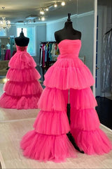 Prom Dress Outfits, Strapless Hot Pink High Low Prom Dresses, Hot Pink High Low Formal Homecoming Dresses