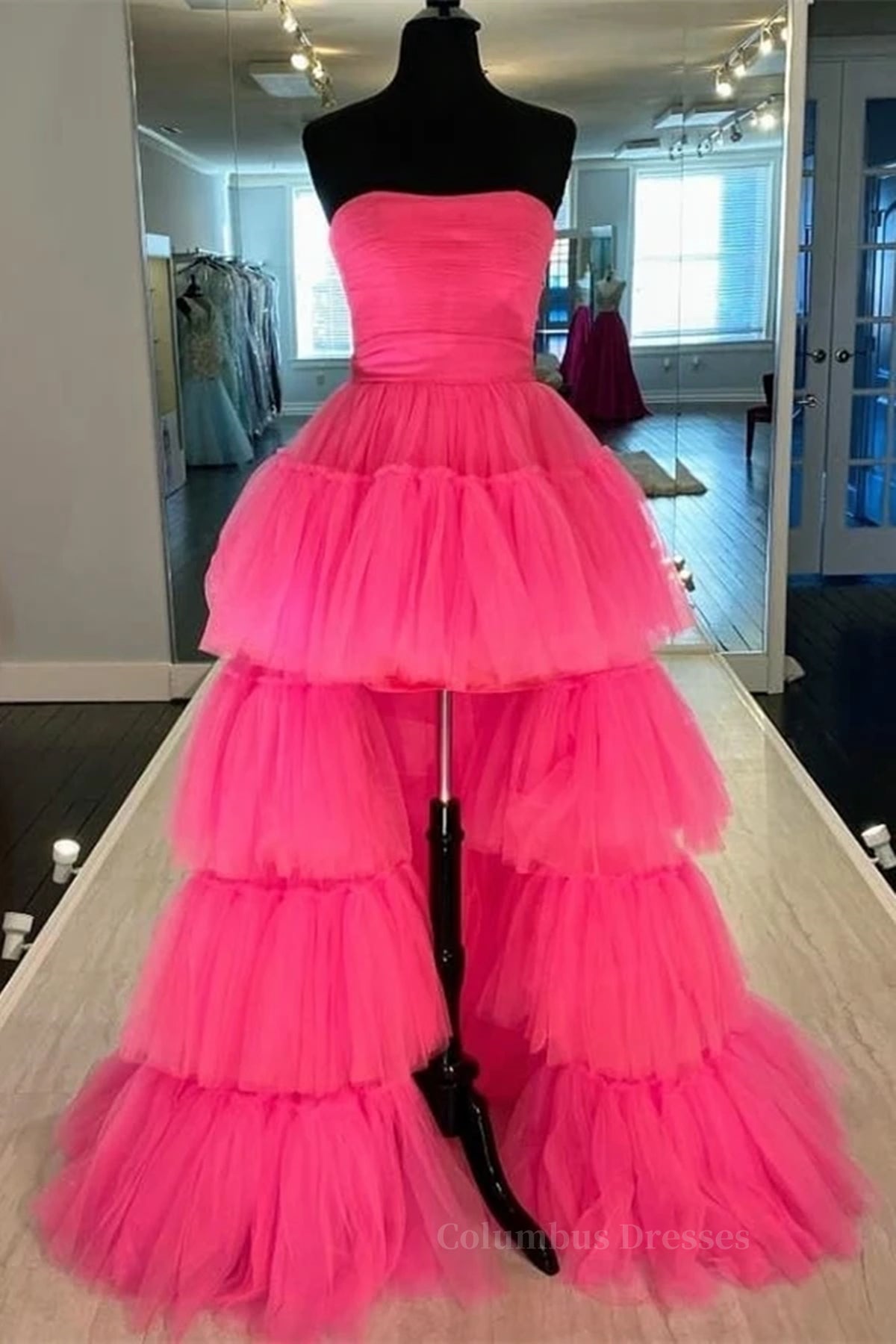 Prom Dress Outfit, Strapless Hot Pink High Low Prom Dresses, Hot Pink High Low Formal Homecoming Dresses