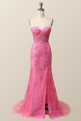 Homecoming Dress Shopping, Strapless Hot Pink Lace Mermaid Long Prom Dress