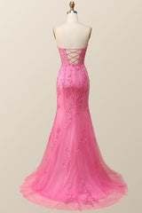 Homecoming Dress Shops, Strapless Hot Pink Lace Mermaid Long Prom Dress